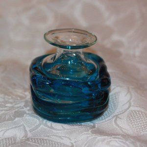 Vintage Studio Art Blown Glass Squat Vase Blue & Clear Signed on Bottom